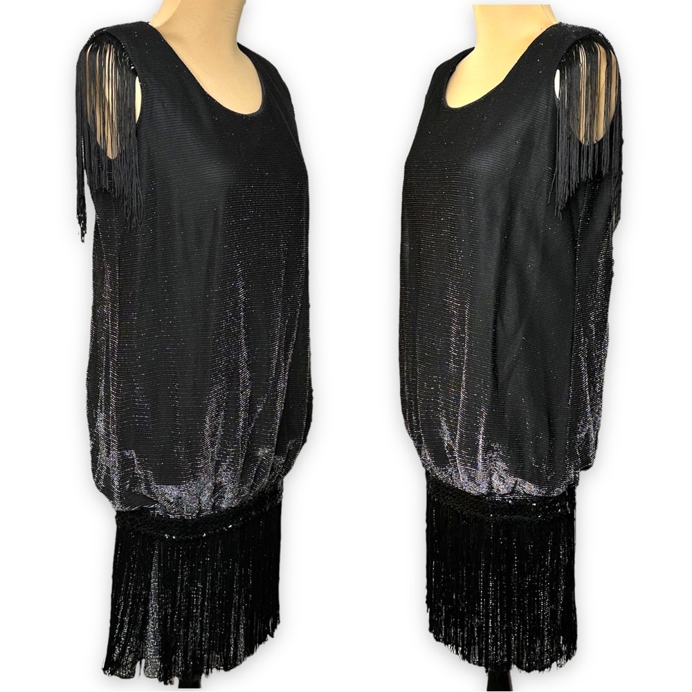 Vintage Flapper Dress Eyelash Fringe Drop Waist Black Silver Metallic Size 5/6